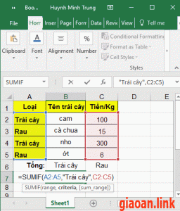 tính tổng trong excel sumif