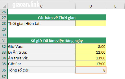 hàm thời gian trong excel