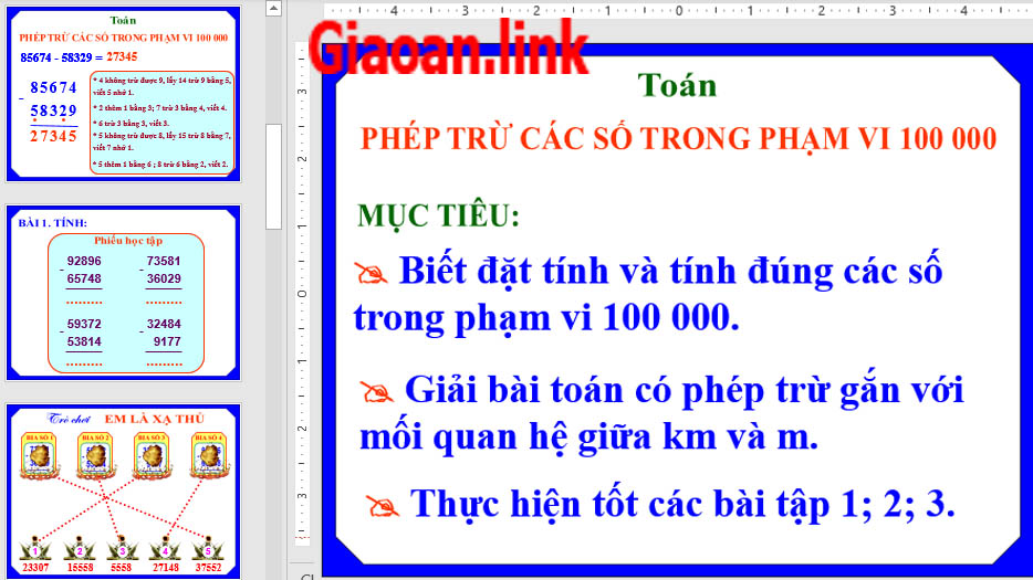 Bài giảng ppt Toán lớp 2 Tuần 30 Phép trừ trong phạm vi 100 000