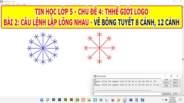 Tin học 5 Logo Rùa cung cấp cho các bạn những kiến thức cơ bản về nghệ thuật vẽ bông tuyết trên máy tính. Cùng xem hình ảnh liên quan để tìm hiểu cách vẽ bông hoa tuyết 8 và 12 cánh đẹp mắt trên máy tính của bạn.